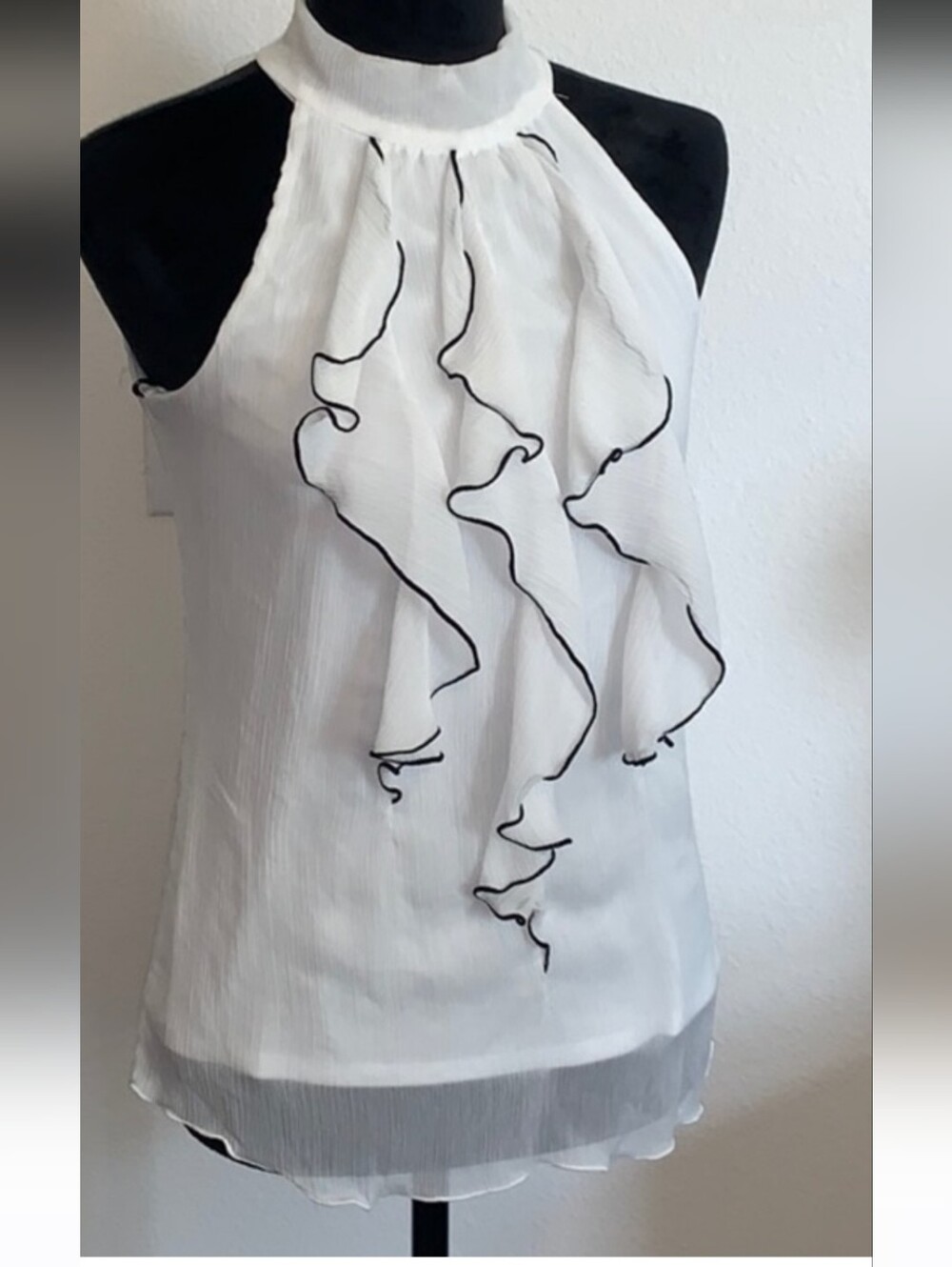 BCX Ruffle Halter Top  White with Black Trim & Back Bow Size Medium  NWOT